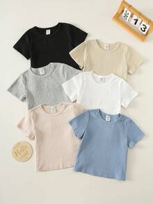 SHEIN 6件裝中性新生兒男嬰女嬰幼童男童100%純棉春夏休閒百搭素色高彈力羅紋短袖T恤套裝多入組 - 彩色 - 查看 8