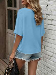 EMERY ROSE Women's Solid Color V-Neck Batwing Sleeve Summer Casual Shirt, Vacation Style Plus Size Top - Blue - View 2