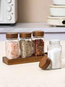1pc/5pcs Set Glass Spice Jars With Rosewood Lids, Square Glass Bottles With Stands, Airtight Pepper And Seasoning Containers - Multicolor - View 8