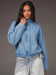 Athîral Denim 女士休闲度假长袖立领牛仔外套 - 淺藍色 - 查看 4