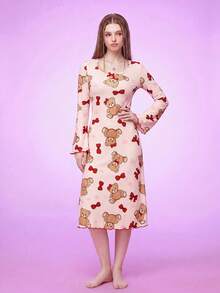 Notgurli Cute Cartoon Bear & Bow Knit Jacquard Women Sleep Dress Teddy Bear Pink Cute Sleepwear Pajama Dress, Fall & Winter - Multicolor - View 7
