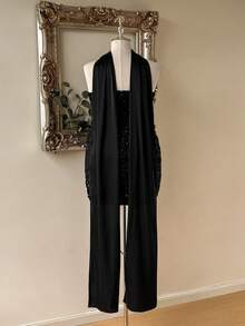 Lovelzi Elegantes romantisches Modekleid in Große Größen aus schwarzem Paillettenstoff und Satin-Patchwork, trägerlos, für Musikfestival, Geburtstagsparty, Hochzeitsevent, Nachmittagstee-Party, Cocktailparty - Schwarz - Übersicht 3
