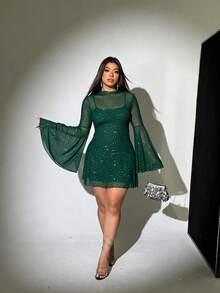 Viva Relle 大尺碼女款亮片長袖罩衫洋裝與細肩帶洋裝性感兩件組 - 墨綠色 - 查看 4