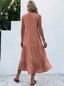 Breezaya Gaun Maxi Model Smock dengan Detail Kancing dan Hem Berlapis untuk Liburan di Pantai, Cocok untuk Wanita - Redwood - View 2