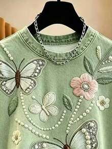 Resyla 女款T恤，仿牛仔刺繡工藝，仿珠飾圖案印花T恤，圓領短袖寬鬆版型T恤，優雅女款T恤，適合日常穿著與約會場合。女款短袖上衣，夏季女款上衣，最新女款上衣，蝴蝶花卉刺繡圖案T恤 - 彩色 - 查看 4