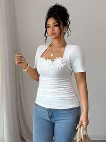 Elenzga Square Neck Short Sleeve Knit Lace Patchwork Decor White Plus Size T-Shirt, Suitable For Spring, Summer And Autumn - White - View 5