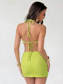 Aloruh Ensemble Top ras-du-cou Décoré de Coquillages + Jupe Plissée à Ourlet Asymétrique pour Femmes - Vert - Voir 2