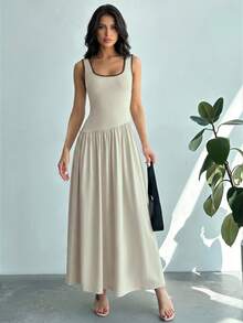 Firerie Damen Kontrastfarbiger Ausschnitt Minimalistisches Lässiges Ärmelloses Kleid - Aprikosenfarben - Übersicht 4