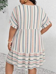 SHEIN Frenchy Plus Size Women's Multi-Color Striped V-Neck Ruffle Hem Dress - Multicolor - View 2
