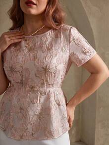 SHEIN Privé Women's Plus Size Elegant Minimalist Jacquard Waist-Cinched A-Line Pleated Shirt For Party High Tea, Street, Commute And Date Pink Summer - Pink - View 5
