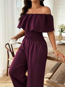 Weeklong Plus Size Women's Spring Summer Strapless Straight Neck Ruffle Waist Cinched Casual Vacation Jumpsuit - Burgundy - View 3