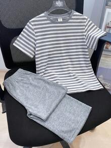 SHEIN 2件組兒童青少年男孩花卉灰色條紋短袖上衣與長褲運動褲套裝，休閒學院風，舒適簡約實用 - 灰色 - 查看 3