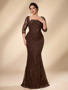 Serin Plus Size Elegant Formal Classy Brown Square Neck 3/4 Sleeve Pearl Rhinestone French Lace Pleated Mermaid Tail Train Wedding Evening Party Dinner Fall - Brown - View 3