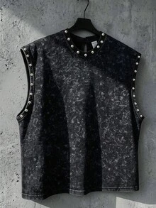 SHEIN Tween-Jungen Kinder/Preteens Lässiger Streetstyle Locker gestrickter Weste mit Nieten-Besatz und Kordelzug, geeignet für Frühling/Sommer, Alltagstragen, Sport, Ausflüge, Schule, Veranstaltungen, Feiertage, Fotoshootings, Schulanfangszeit - Schwarz - Übersicht 1