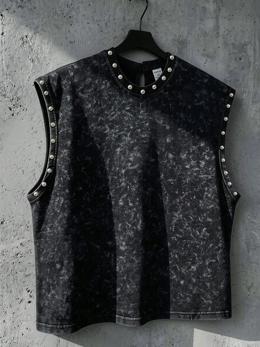 SHEIN Tween-Jungen Kinder/Preteens Lässiger Streetstyle Locker gestrickter Weste mit Nieten-Besatz und Kordelzug, geeignet für Frühling/Sommer, Alltagstragen, Sport, Ausflüge, Schule, Veranstaltungen, Feiertage, Fotoshootings, Schulanfangszeit - Schwarz - Übersicht 1