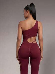 Radiana Women's Asymmetrical Shoulder Cutout Fitted Sports Jumpsuit  Casual Everyday Wear Summer Running Yoga  Gym Club, Nightclub Cocktail Party Sexy - Burgundy - View 2