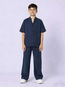 SHEIN 2pcs Teen Boys Loose Contrast Graphic Print Polo Collar Short Sleeve Knit Shirt Set, Casual - Navy Blue - View 7