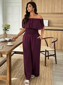 Weeklong Plus Size Women's Spring Summer Strapless Straight Neck Ruffle Waist Cinched Casual Vacation Jumpsuit - Burgundy - View 5