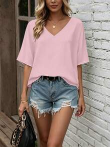 EMERY ROSE Women's Solid Color V-Neck Batwing Sleeve Summer Casual Shirt, Vacation Style Plus Size Blouse - Pink - View 5