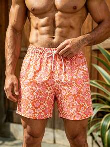 Azuldrift Men's Plus Size Floral Print Drawstring Waist Beach Shorts Holiday / Vacation / Beach / Hawaii / Tropical / Swim /  Bathing Couple's Dating - Orange - View 4