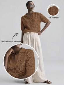 Ontre Elegant Versatile Lapel Hollow Knit Short Sleeve Top - Brown - View 1