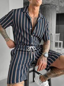 Manfinity Homme Men's Striped Printing Front Button Pocket Short Sleeve Jumpsuit,Men Old Money,Daily Leisure, Weekend Trips, Outdoor Activities, Travel Expeditions, Relaxed Work Environments Or Semi-Formal Occasions, Boyfriend/Husband Gift, Anniversary /Birthday Gift Party Summer Vacation Holiday,Wedding,Spring To Summer,Easter,Y2k,Vintage,Festival,Men's Striped Short Sleeve Shirt And Drawstring Shorts Two-Piece Set Casual Summer Outfit - Multicolor - View 3