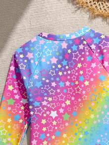 SHEIN 青少年女孩漸層圖案長袖拉鍊式連身泳衣 - 彩色 - 查看 5