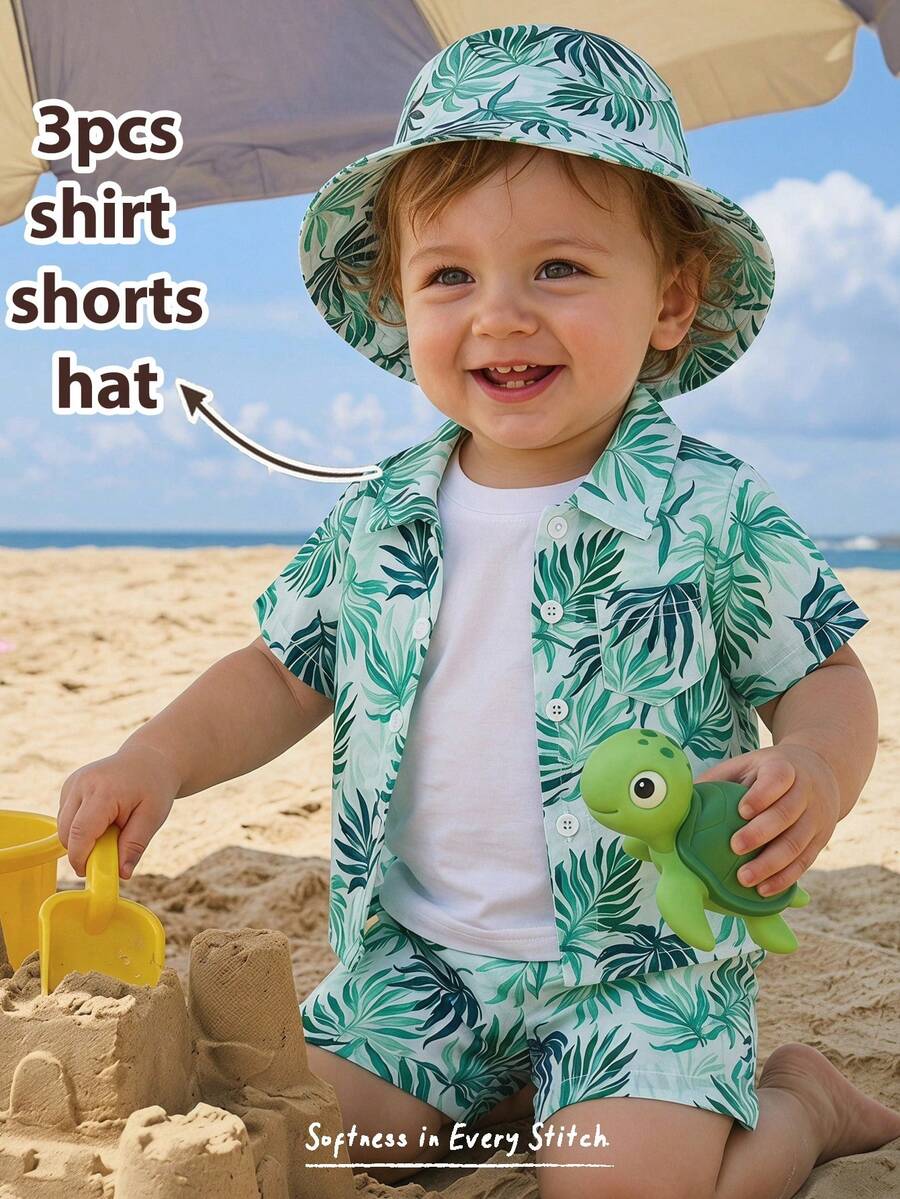 Cozy Pixies Set de 3 piezas Unisex para bebé niño/niña con camisa de manga corta a rayas verdes, pantalones cortos y sombrero de sol, conjunto de ropa de primavera/verano para bebé - Multicolor - Ver 1