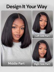 ALL READY WIG Kinky Straight 無膠 Bob 短髮假髮，可調節彈性抽繩人造髮蕾絲假髮，女用全就緒假髮，預漂白、預拔髮、預剪蕾絲融合 4x4 蕾絲封口無膠假髮，含前髮，100% 真人髮 - Natural Black - 查看 7