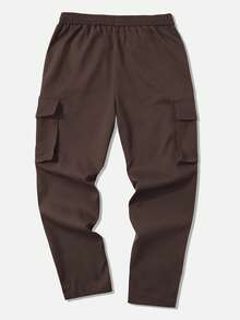 Manfinity Homme Pantalones casuales de hombre con bolsillos de carga y cordón en la cintura, unicolor, otoño - Café integral - Ver 2
