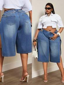 Slaydiva Plus Size Women's Non-Stretch Denim Jeans With Design Chain High Waist Hollow Out Sexy 90s Street Style Loose Straight Leg Side Slit Washed Light Blue - Dark Wash - View 1
