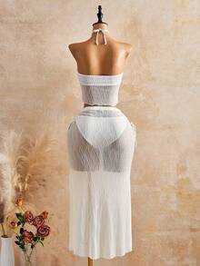 Bellisia 26SS Spring/Summer Women's Elegant Solid Color Camisole Backless Asymmetric Hem Textured Fabric 2-Piece Swimsuit Set - Beige - View 2