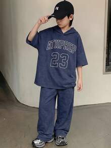 SHEIN Little Byeori 两件套儿童青少年男童休闲学院风舒适字母印花连帽T恤和直筒宽松运动裤套装，适合春夏季节、郊游、情人节、约会、旅行、度假、家庭聚会、返校、婚礼、晚宴、运动、生日派对等场合。 - 彩色 - 查看 6