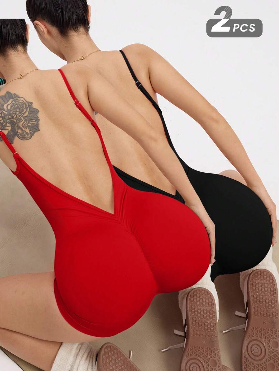 Velisys Velisys 女士纯色露背吊带背心和自行车短裤连体裤,适合农历新年日常锻炼 - 彩色 - 查看 1