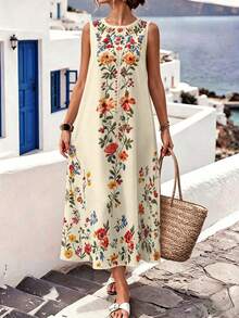 EMERY ROSE Gaun Maxi Tank Longgar Tanpa Lengan Leher Bulat Motif Bunga Vertikal Krem Ukuran Plus untuk Wanita, Gaya Boho, Liburan Pantai, Gaun Santai yang Mengalir - Putih - View 5