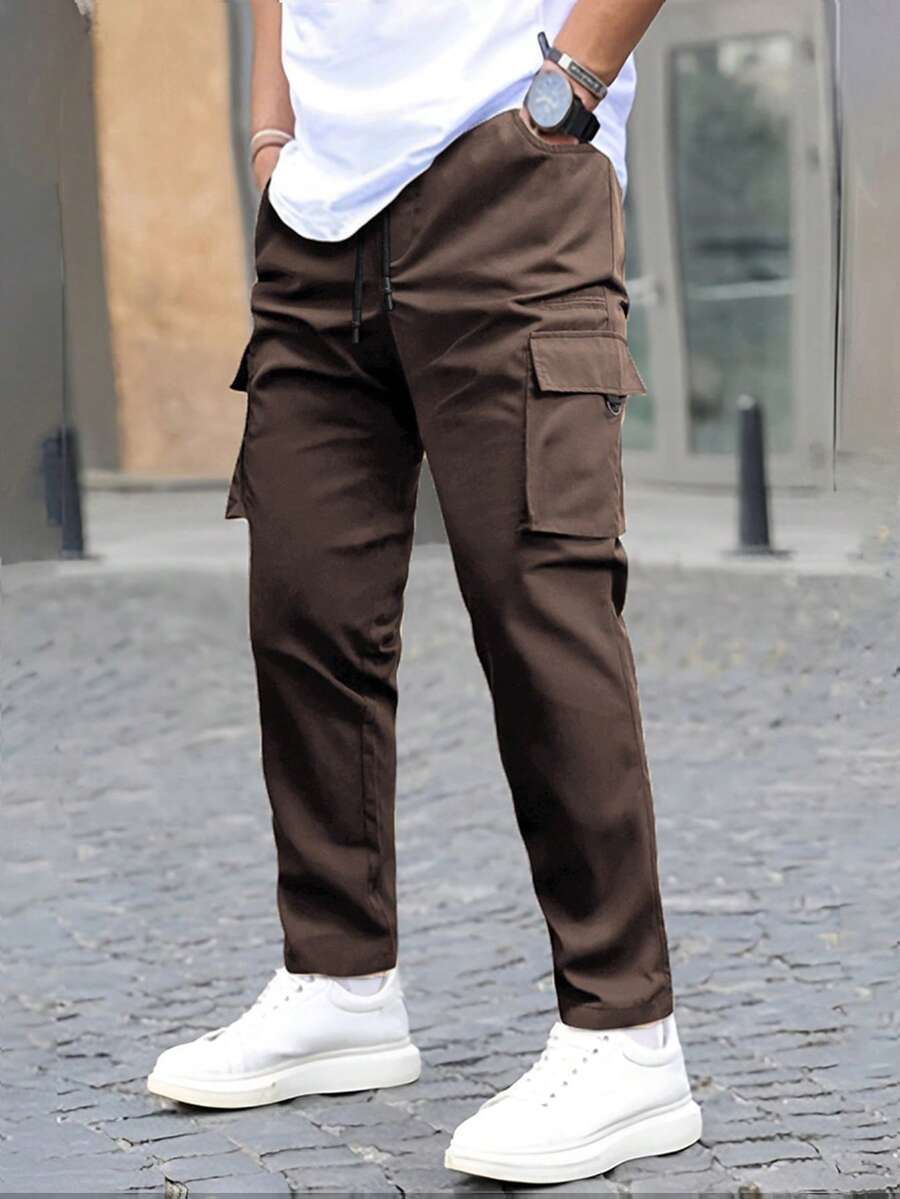 Manfinity Homme Pantalones casuales de hombre con bolsillos de carga y cordón en la cintura, unicolor, otoño - Café integral - Ver 1