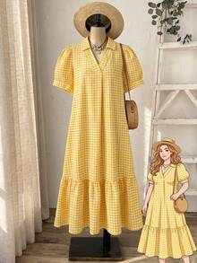 Rusticease Plus Size Summer Casual Plaid Petal Sleeve Dress - Light Yellow - View 1