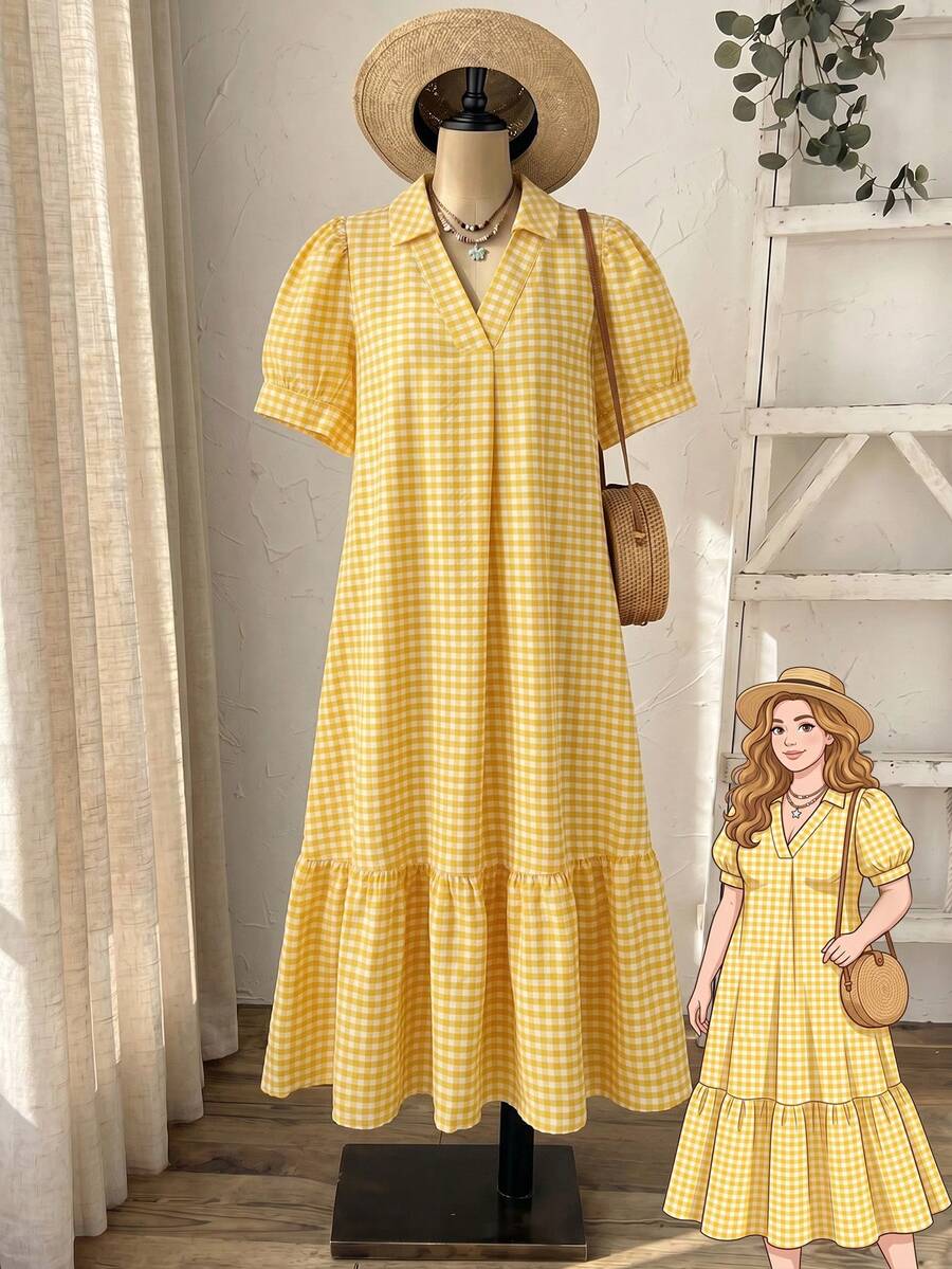 Rusticease Plus Size Summer Casual Plaid Petal Sleeve Dress - Light Yellow - View 1