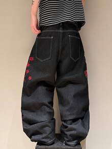 STEELVANCE Men's Streetwear Retro Fashion Versatile Embroidered Design Loose Straight Wide Leg Casual Denim Jeans - Black - View 2