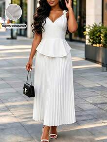 Lunelith SHEIN Lunessa Women's Asymmetric V-Neck Waist-Cinching Pleated Dress Wedding Day Party Anniversary White Summer Romantic Elegant - White - View 1