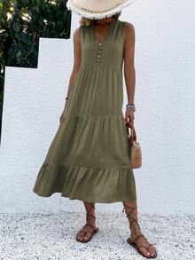 Breezaya Button Detail Layered Hem Smock Dress Maxi Vacation Beach Outfits Women - Army Green - View 7