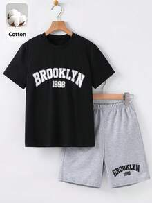 SHEIN 兒童青少年男童休閒簡約圓領短袖T恤與短褲兩件套，適合夏季 - 黑色 - 查看 5