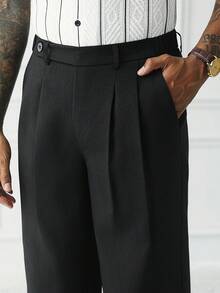 Manfinity Homme 男士阔腿裤，腰部搭扣设计，纹理面料，商务休闲裤，修身复古时尚正装裤 - 黑色 - 查看 3