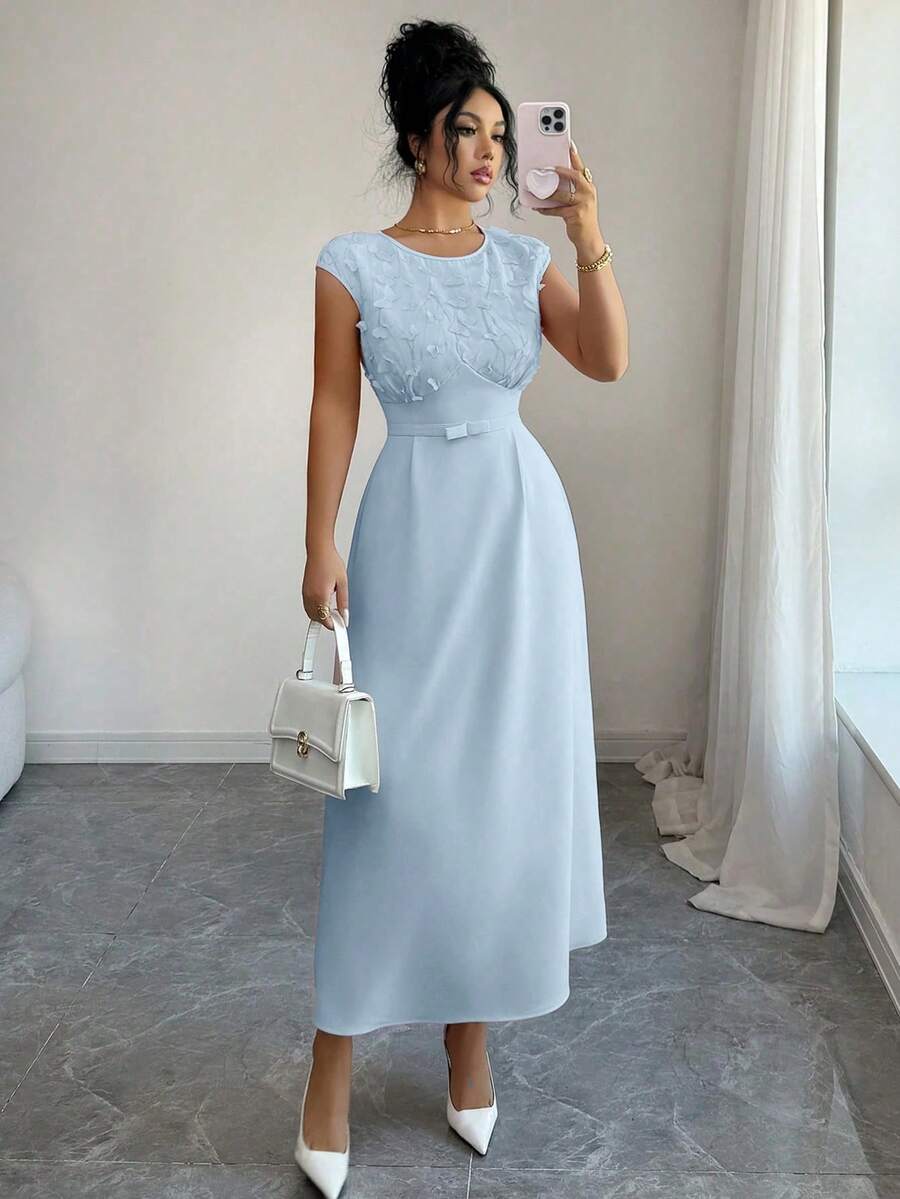 Modelyn Women's Elegant Minimalist Date Evening Sleeveless Spring/Summer Woven 3D Butterfly Embroidered Mesh Long Dress Light Blue