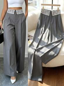 Elenzga Casual Versatile Lace Patchwork Loose Pants - Grey - View 1