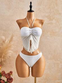 Bellisia 26SS Spring/Summer Women's Elegant Solid Color Camisole Backless Asymmetric Hem Textured Fabric 2-Piece Swimsuit Set - Beige - View 6