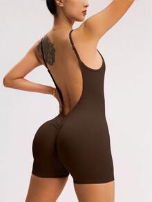 Slayform Slayform Jumpsuit Wanita Warna Polos dengan Bagian Belakang Terbuka dan Celana Pendek Sepeda, Untuk Olahraga Harian Menjelang Tahun Baru Imlek - Coffee Brown - View 2