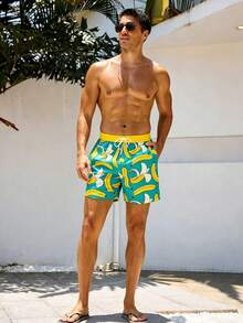 Surfspeed Men's Banana All-Over Print Drawstring Elastic Waist Loose Beach Shorts With Pockets Holiday / Vacation / Beach / Hawaii / Tropical / Swim /  Bathing - Teal Blue - View 3
