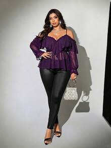 Viva Relle Plus Size French Sheer Lace Ruffle Sexy Cold Shoulder Blouse Fall - Purple - View 4
