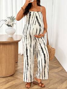 SHEIN 孕婦拼接色休閒日常外出細肩帶連身褲 - 米色 - 查看 3